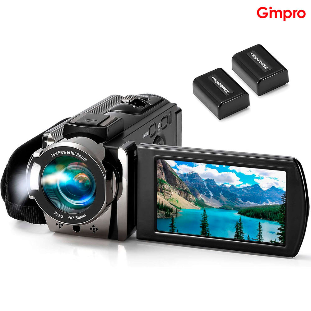 Gimpro Video Camera Camcorder Digital Camera Recorder Full HD 1080P 15FPS 24MP 3.0 Inch 270 Degree Rotation LCD 16X Digital Zoom Camcorder Camera with 2 Batteries(Black)