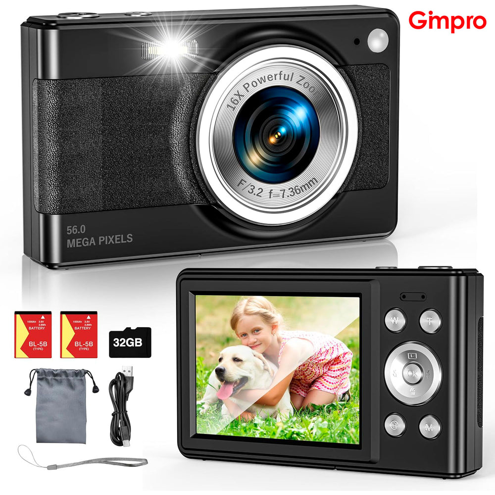 Gimpro Digital Camera, 56MP FHD 1080P Camera for Kids with 16x Zoom Anti Shake, Kid Camera with 32GB TF Card, Two Batteries, Lanyard, Compact Small Camera for Kids Boys Girls£¨Black£©