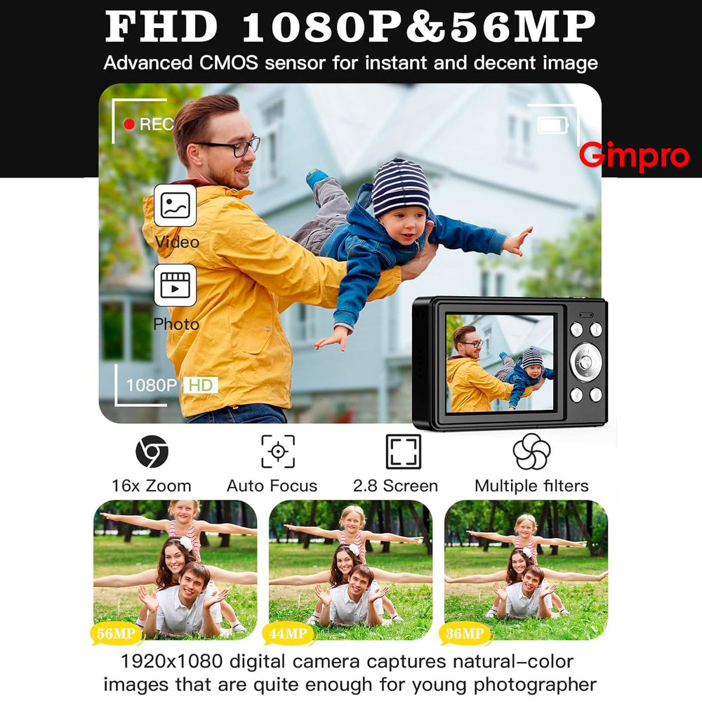 Gimpro Digital Camera, 56MP FHD 1080P Camera for Kids with 16x Zoom Anti Shake, Kid Camera with 32GB TF Card, Two Batteries, Lanyard, Compact Small Camera for Kids Boys Girls£¨Black£©