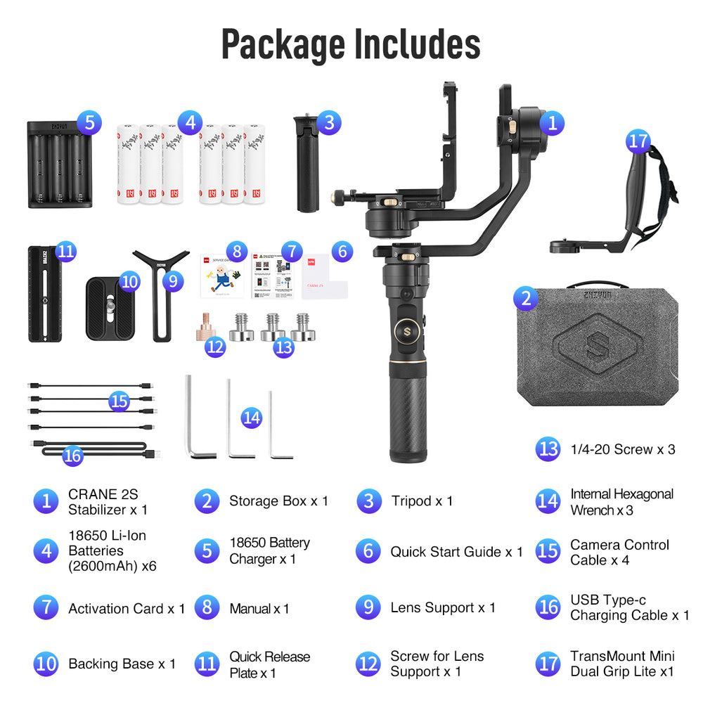 Zhiyun CRANE 2S  Stabilizer for DSLR, Kit with Mini Dual Grip & Extra Batteries